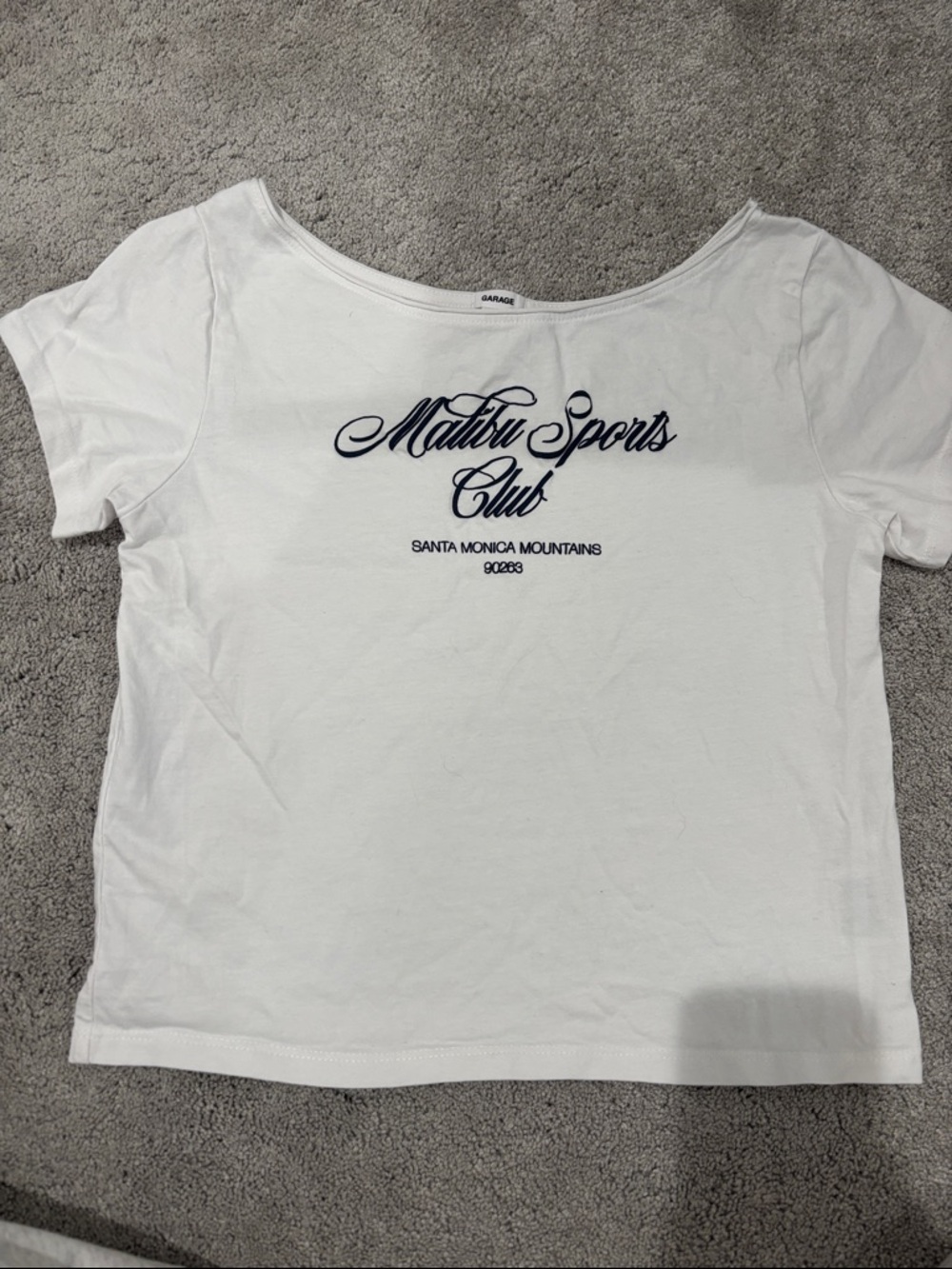 Garage White Short Sleeve Tee with Navy Malibu Sports Club Script